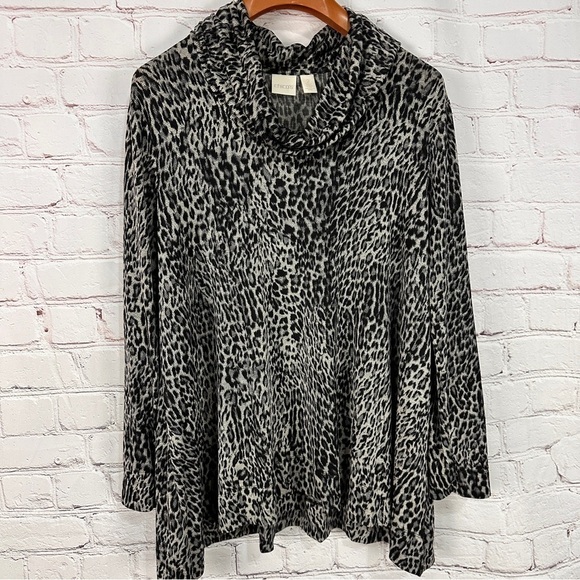 Chicos flowy Sweater size Large Animal Cheetah Leopard Cowlneck Oversized Tunic - Picture 1 of 6